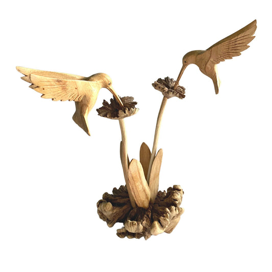 Hummingbird On a flower Hand Carved Wood Sculpture Statue Parasite Mushroom Bird Wood Carving Balinese art - Acadia World Traders