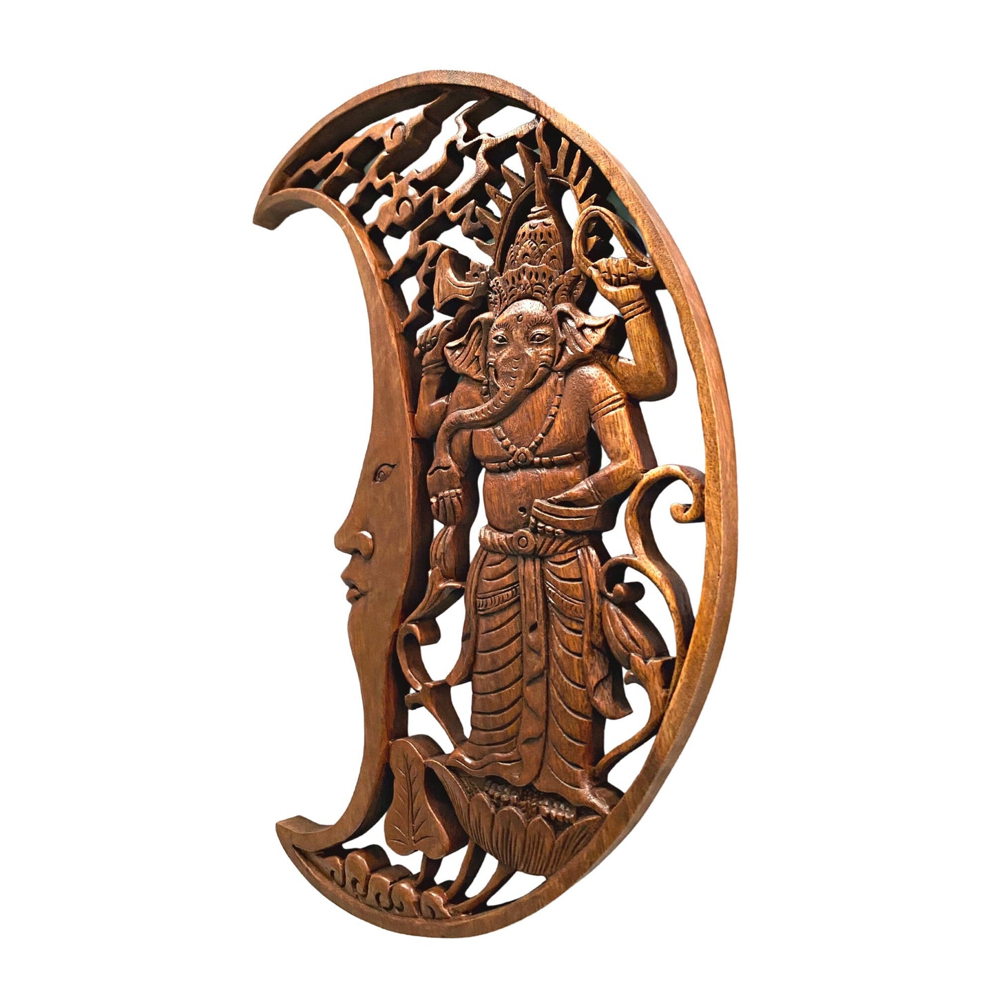Hand Carved Moon Ganesha Wall Art Panel: Balinese Suar Wood Carving Sculpture