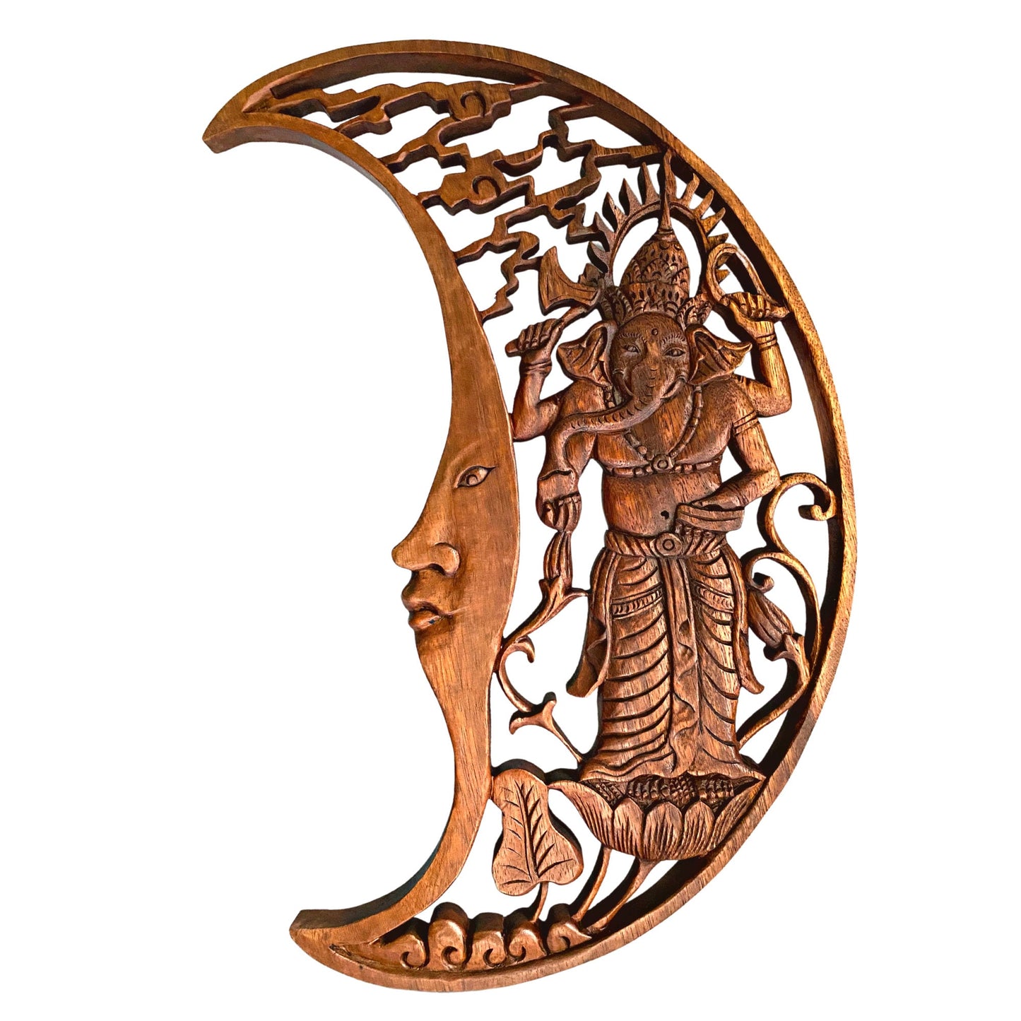 Hand Carved Moon Ganesha Wall Art Panel: Balinese Suar Wood Carving Sculpture