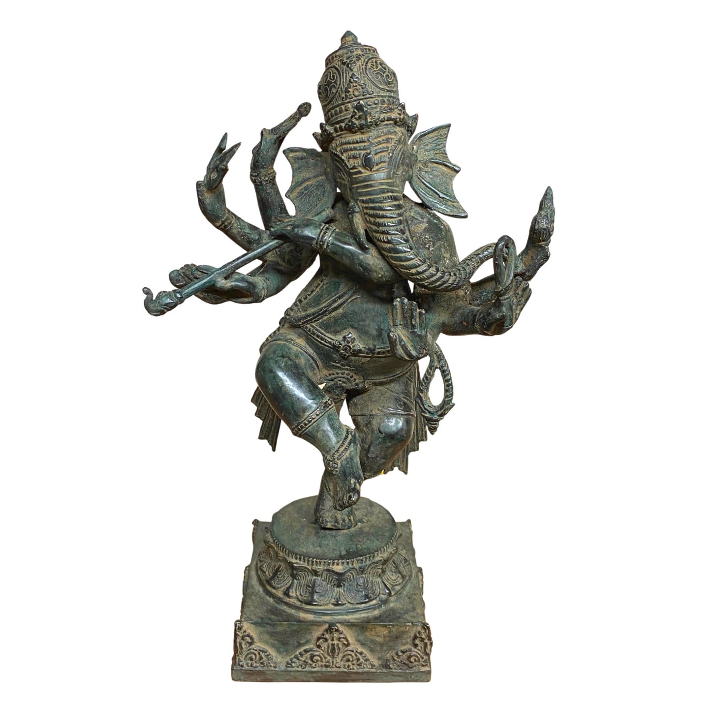 Dancing Ganesha Bronze Sculpture: Handmade Balinese Lost Wax Cast Metal Statue with Verdigris Patina