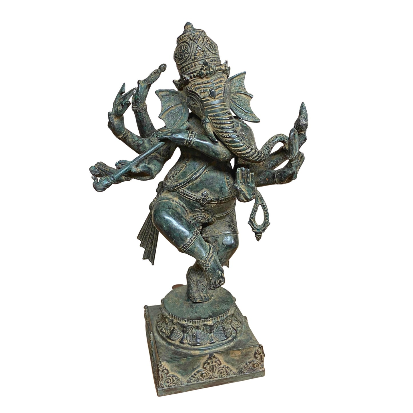 Dancing Ganesha Bronze Sculpture: Handmade Balinese Lost Wax Cast Metal Statue with Verdigris Patina