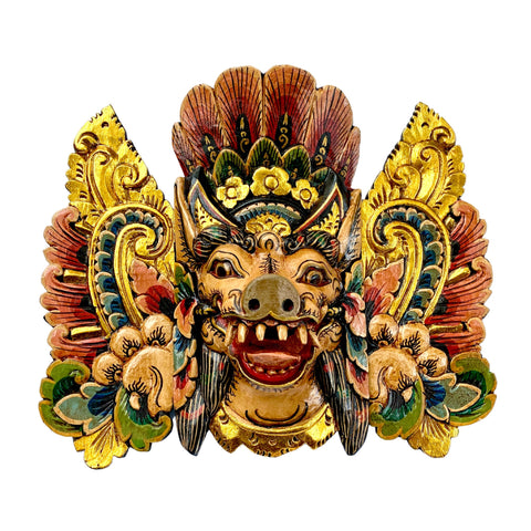 Balinese Barong Mask Bangkal Pig Boar Mask Protector Guardian Polychrome Hand Carved wood Carving Bali Folk Art Wall Decor