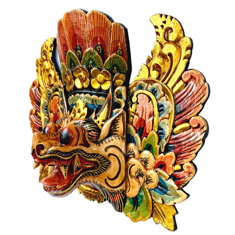 Balinese Barong Singa Lion Mask Protector Guardian Hand Polychrome Carved wood Carving Bali Folk Art Wall Decor Mask