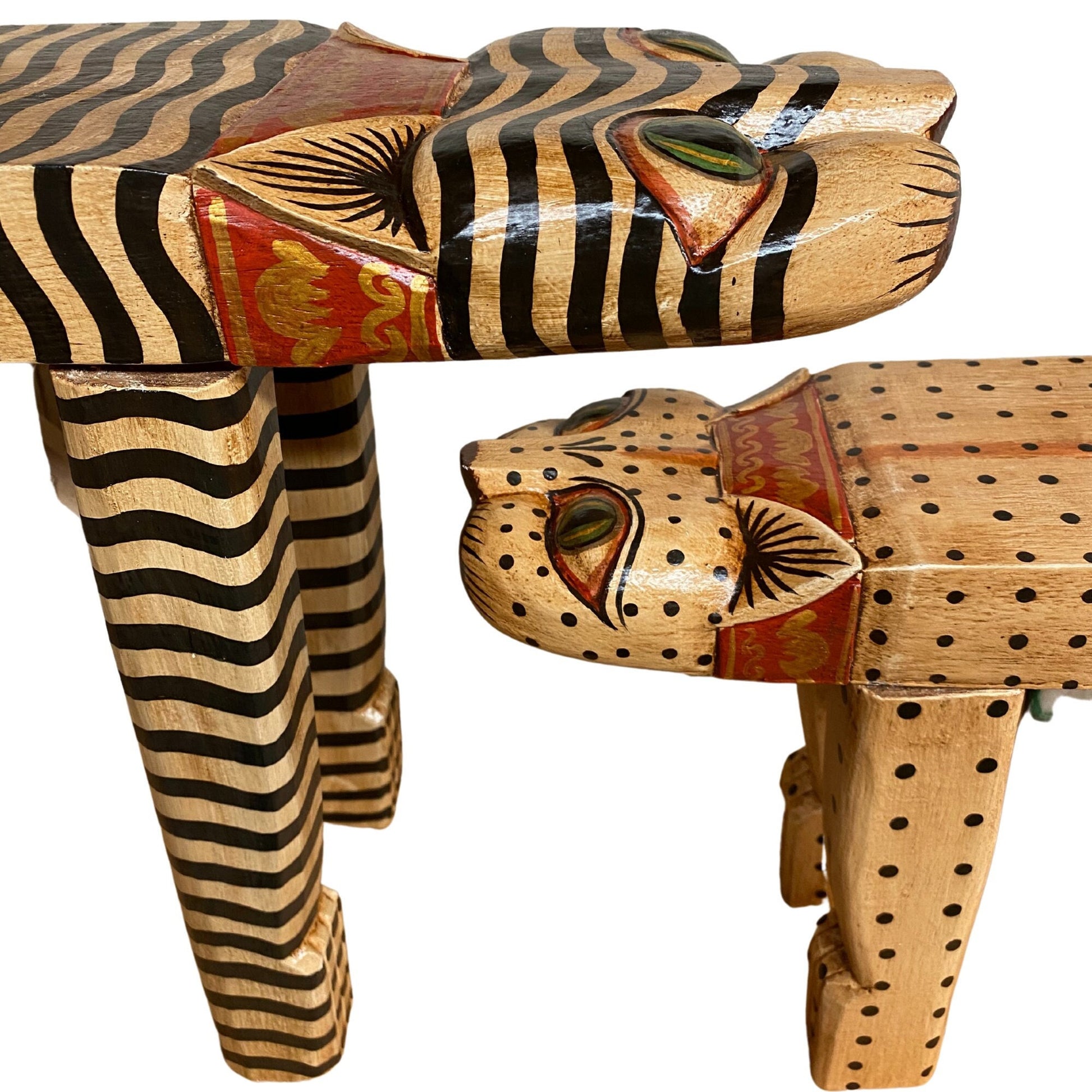 Tiger Cat Plant Stand Black & Beige Stripe Dots Leopard Spots Balinese Hand Carved Wood Carving Feline Bali Folk Art Wooden Stool - Acadia World Traders