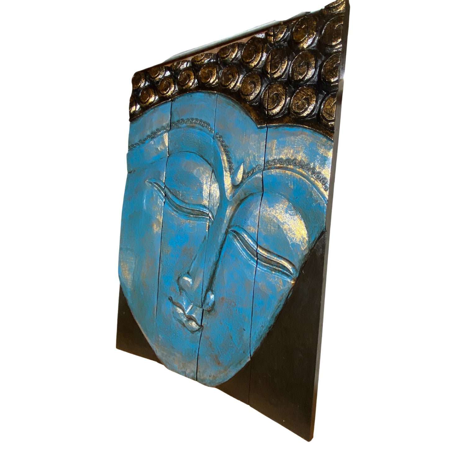 Calm Blue Buddha Wall Art Panel Folding Screen Hand Carved Wood Carving Balinese Handcrafted Handmade Eclectic Asian Style Boho Decor