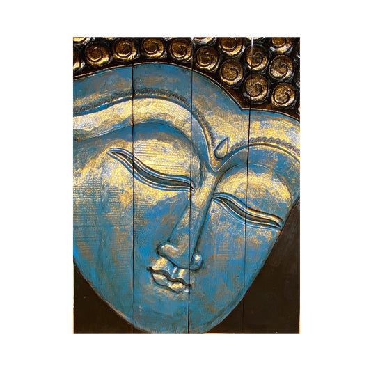Calm Blue Buddha Wall Art Panel Folding Screen Hand Carved Wood Carving Balinese Handcrafted Handmade Eclectic Asian Style Boho Decor