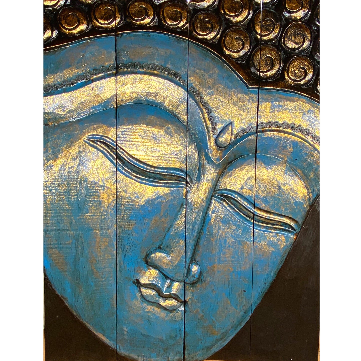 Calm Blue Buddha Wall Art Panel Folding Screen Hand Carved Wood Carving Balinese Handcrafted Handmade Eclectic Asian Style Boho Decor