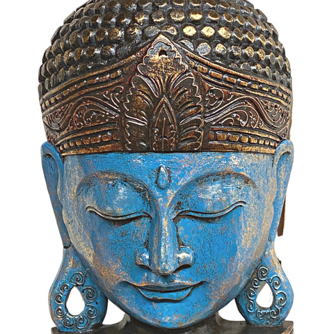 Balinese Enlightened Buddha Wooden Mask Wall freestanding Mask Sculpture Hand Carved Wood Carving  Balinese Folk art  Blue Boho Decor 24&quot;