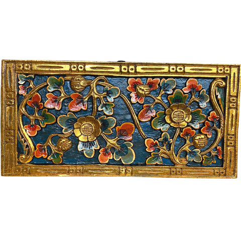 Balinese Lotus Panel architectural Relief Wood Carving Bali wall Art teal 24&quot;