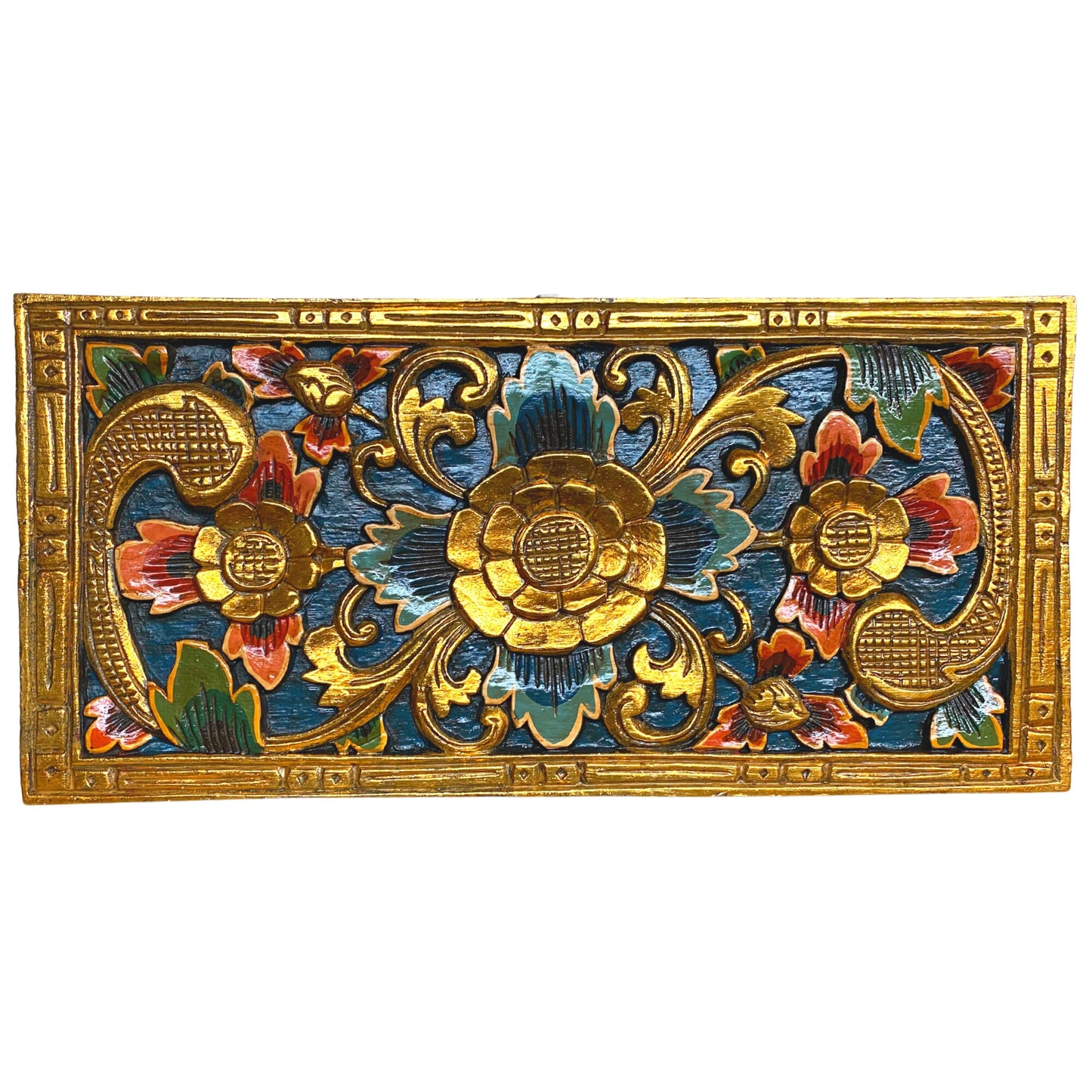 Balinese Golden Lotus Panel architectural Relief Wood Carving Bali wall Art teal 24&quot; - Acadia World Traders