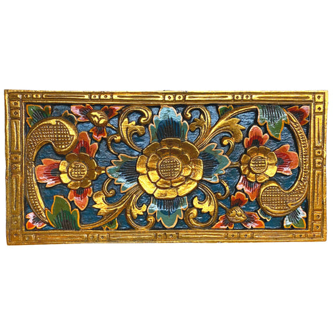 Balinese Golden Lotus Panel architectural Relief Wood Carving Bali wall Art teal 24&quot;