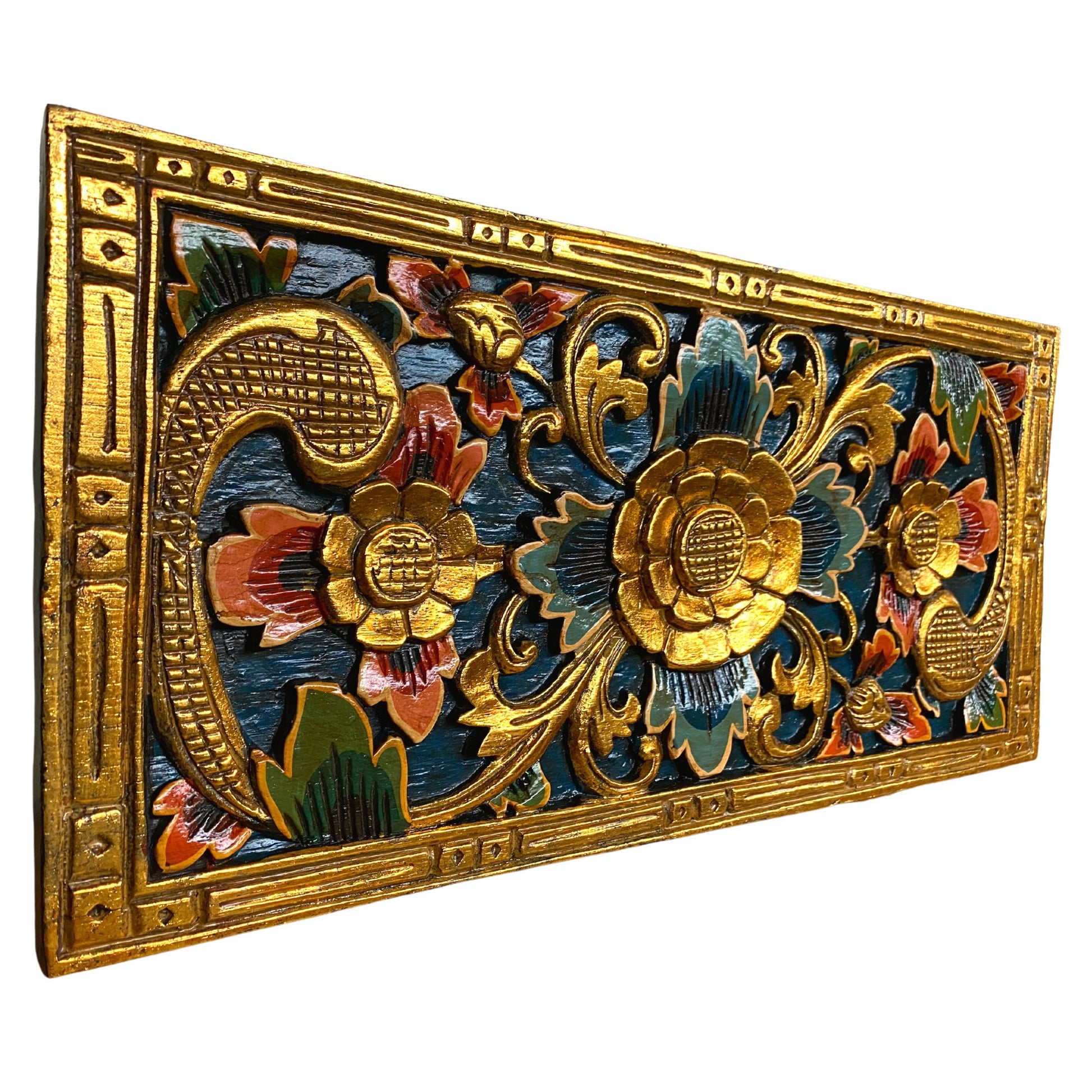 Balinese Golden Lotus Panel architectural Relief Wood Carving Bali wall Art teal 24&quot; - Acadia World Traders