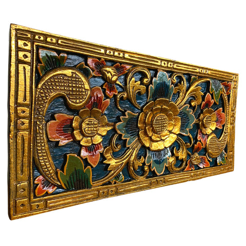 Balinese Golden Lotus Panel architectural Relief Wood Carving Bali wall Art teal 24&quot;