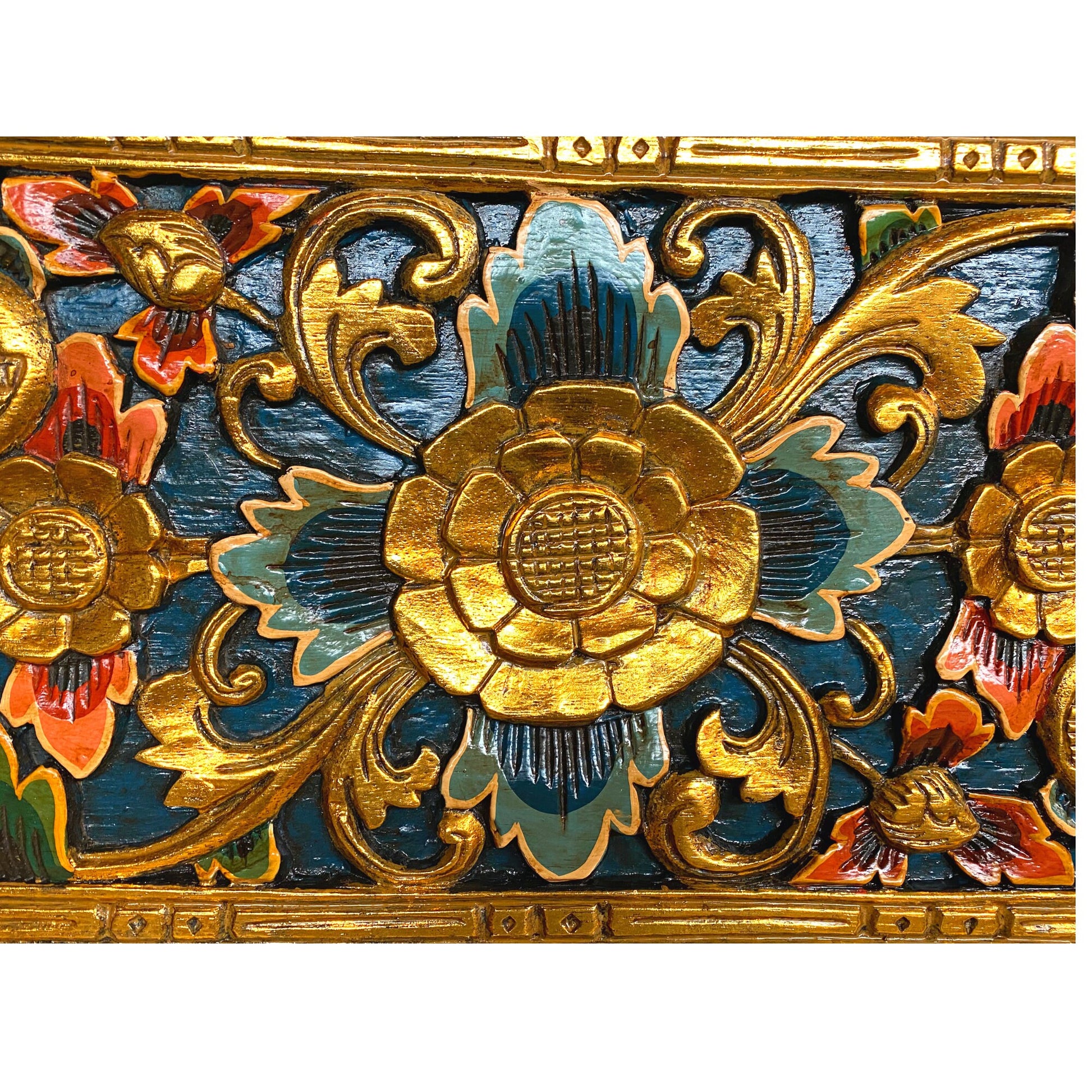 Balinese Golden Lotus Panel architectural Relief Wood Carving Bali wall Art teal 24&quot; - Acadia World Traders