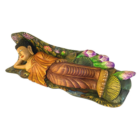 Nirvana Buddha Statue Resting In Repose Hand Painted & Carved Wood Sculpture Balinese Bali Buddhist Art wood carving