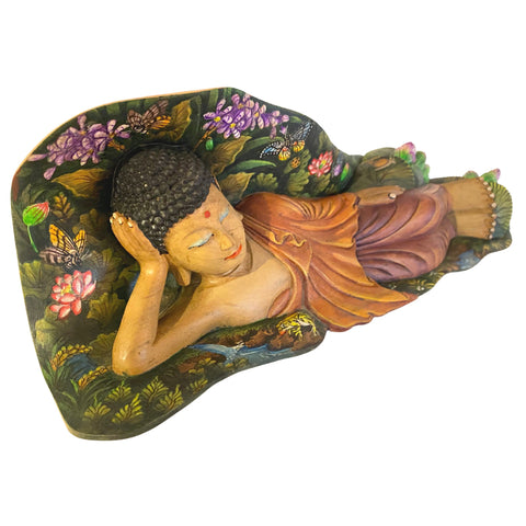 Nirvana Buddha Statue Resting In Repose Hand Painted & Carved Wood Sculpture Balinese Bali Buddhist Art wood carving