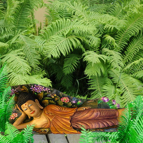 Nirvana Buddha Statue Resting In Repose Hand Painted & Carved Wood Sculpture Balinese Bali Buddhist Art wood carving