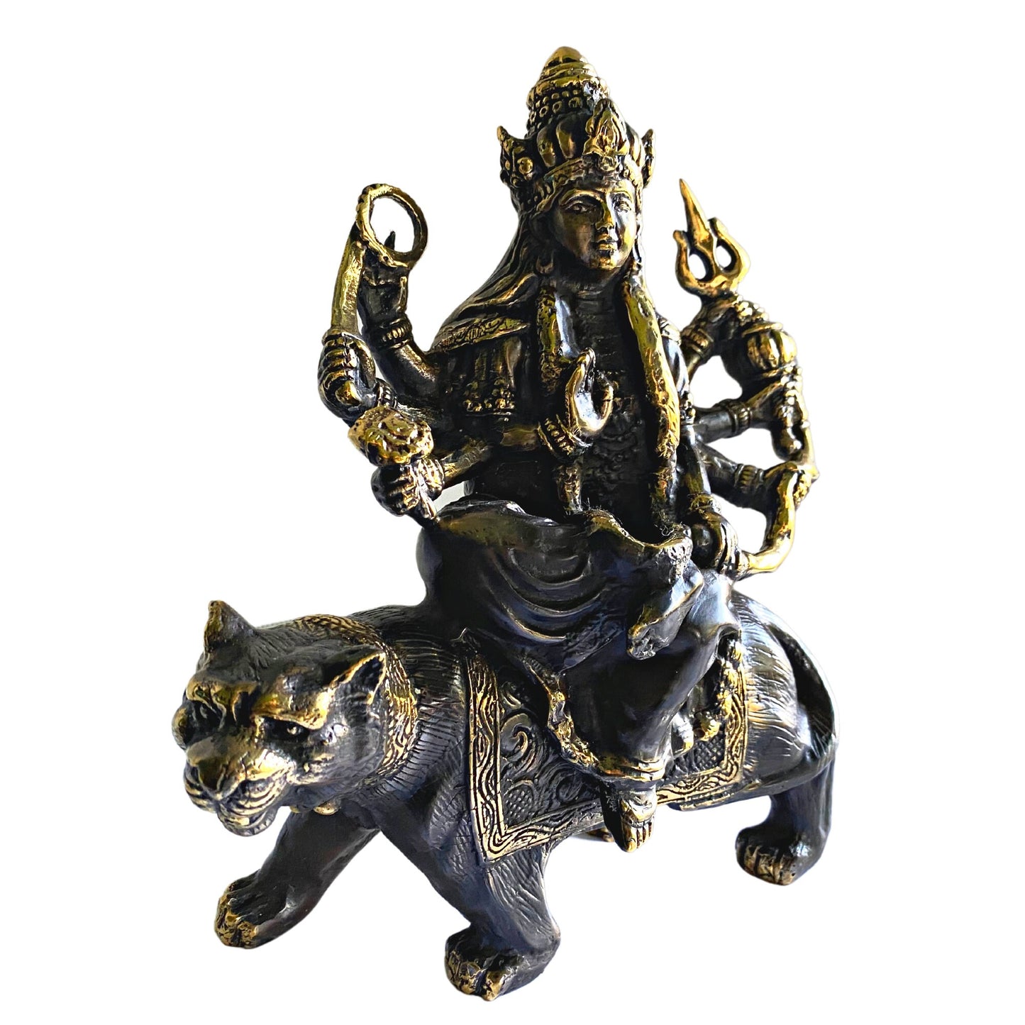 Durga Statue: Lost Wax Cast Bronze Hindu Goddess on Tiger