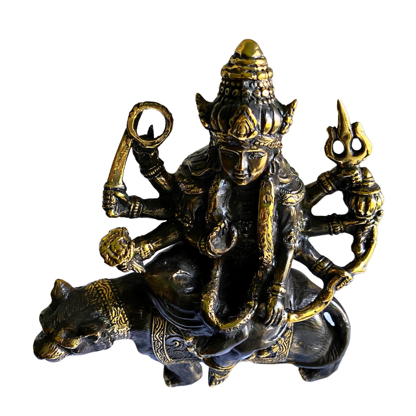 Durga Statue: Lost Wax Cast Bronze Hindu Goddess on Tiger
