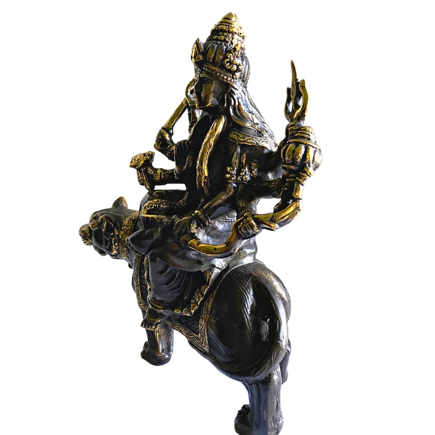 Durga Statue: Lost Wax Cast Bronze Hindu Goddess on Tiger