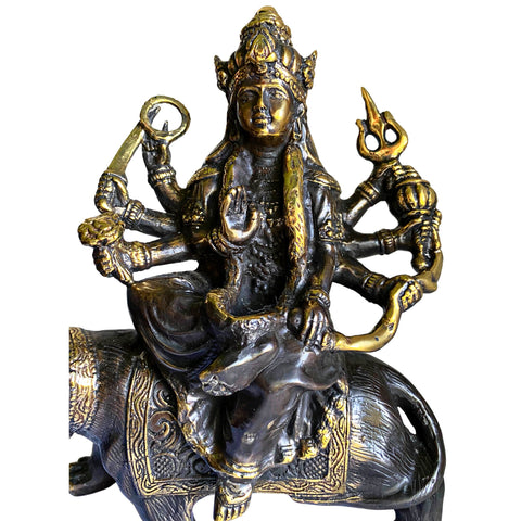 Devi Durga Statue Murti Hindu Shakti Warrior Goddess Mounted upon Tiger Statue Lost Wax Cast Bronze Sculpture Bali Hindu Art