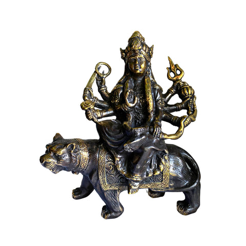 Devi Durga Statue Murti Hindu Shakti Warrior Goddess Mounted upon Tiger Statue Lost Wax Cast Bronze Sculpture Bali Hindu Art