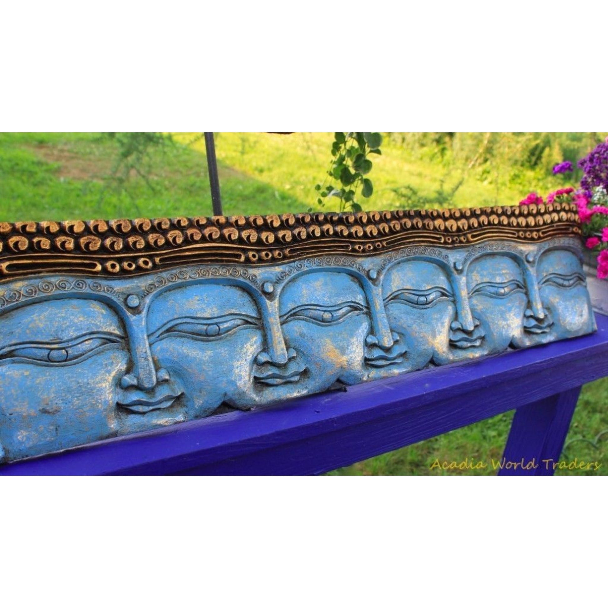 Infinite Faces of Buddha Panel Hand Carved Wood Relief Bali Wall Art Sculpture Balinese Folk Art Blue Home decor 48&quot; - Acadia World Traders