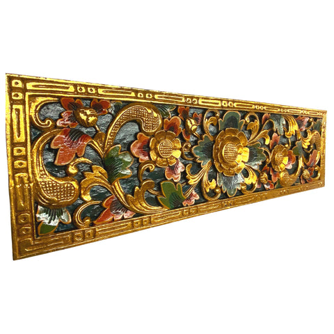 Balinese Golden Lotus Panel architectural Relief Wood Carving Bali wall Art teal 39&quot;