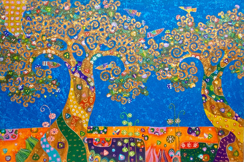 Tree of Life Fine art Painting acrylic on Canvas signed Agung Bali Blue Handmade Home Decor Klimt Inspired  Wall Art