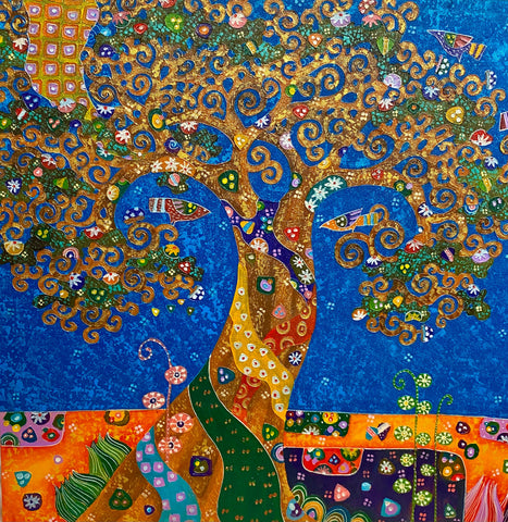 Tree of Life Fine art Painting acrylic on Canvas signed Agung Bali Blue Handmade Home Decor Klimt Inspired  Wall Art