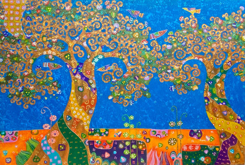 Tree of Life Fine art Painting acrylic on Canvas signed Agung Bali Blue Handmade Home Decor Klimt Inspired  Wall Art