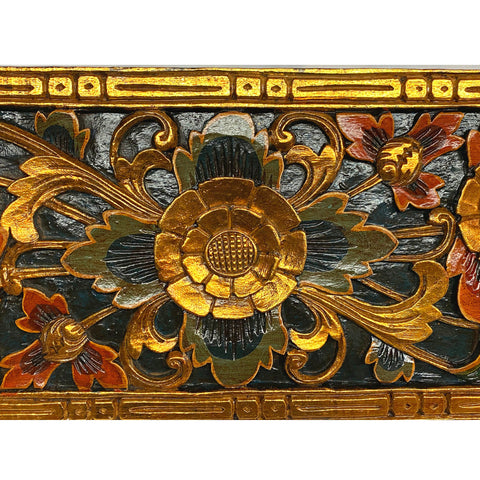 Balinese golden Lotus Motif Panel architectural Relief Wood Carving Bali wall Art teal 60&quot;