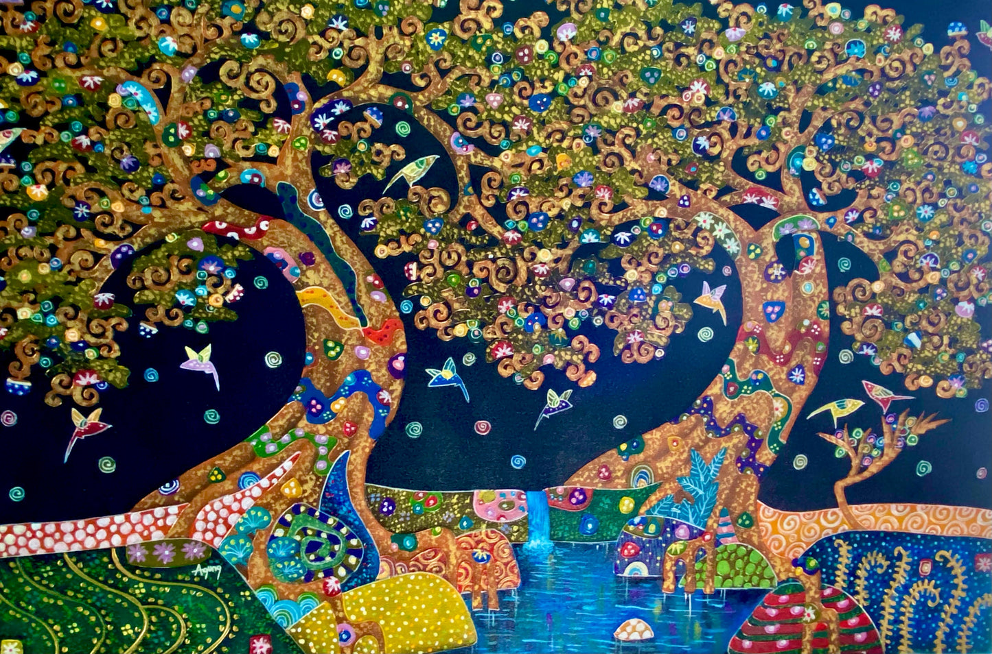 Tree of Life Fine art Painting acrylic on Canvas signed Agung Bali Wall Art Ubud Bali Klimt inspired