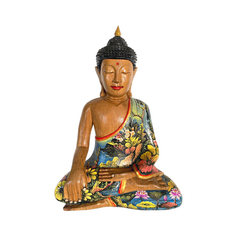 Buddha Wood Carving Statue Touching the Earth Buddha Bhumisparsha Mudra Painted & hand Carved Wood Sculpture Balinese Art Bali Folkart