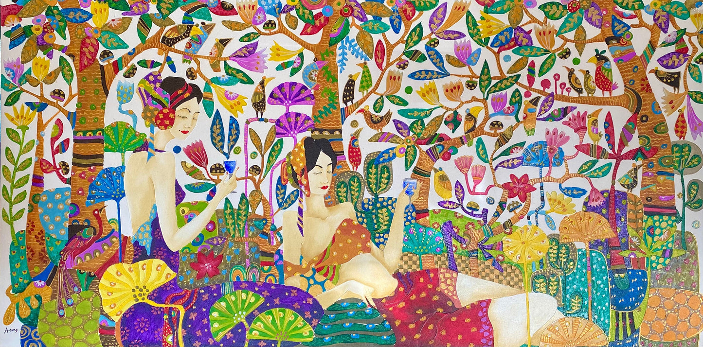 Balinese Sisters in the Garden Jungalow Style Wall Art Acrylic on Canvas Painting Klimt Inspired Handmade hand painted OOAK