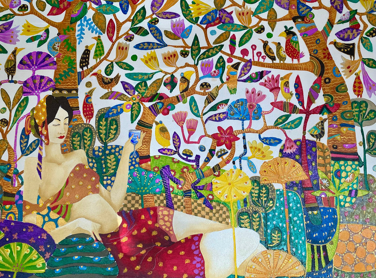 Balinese Original Painting; Two Sisters Canvas Acrylic Canvas , Bali Wall Art,  Klimt Inspired OOAK