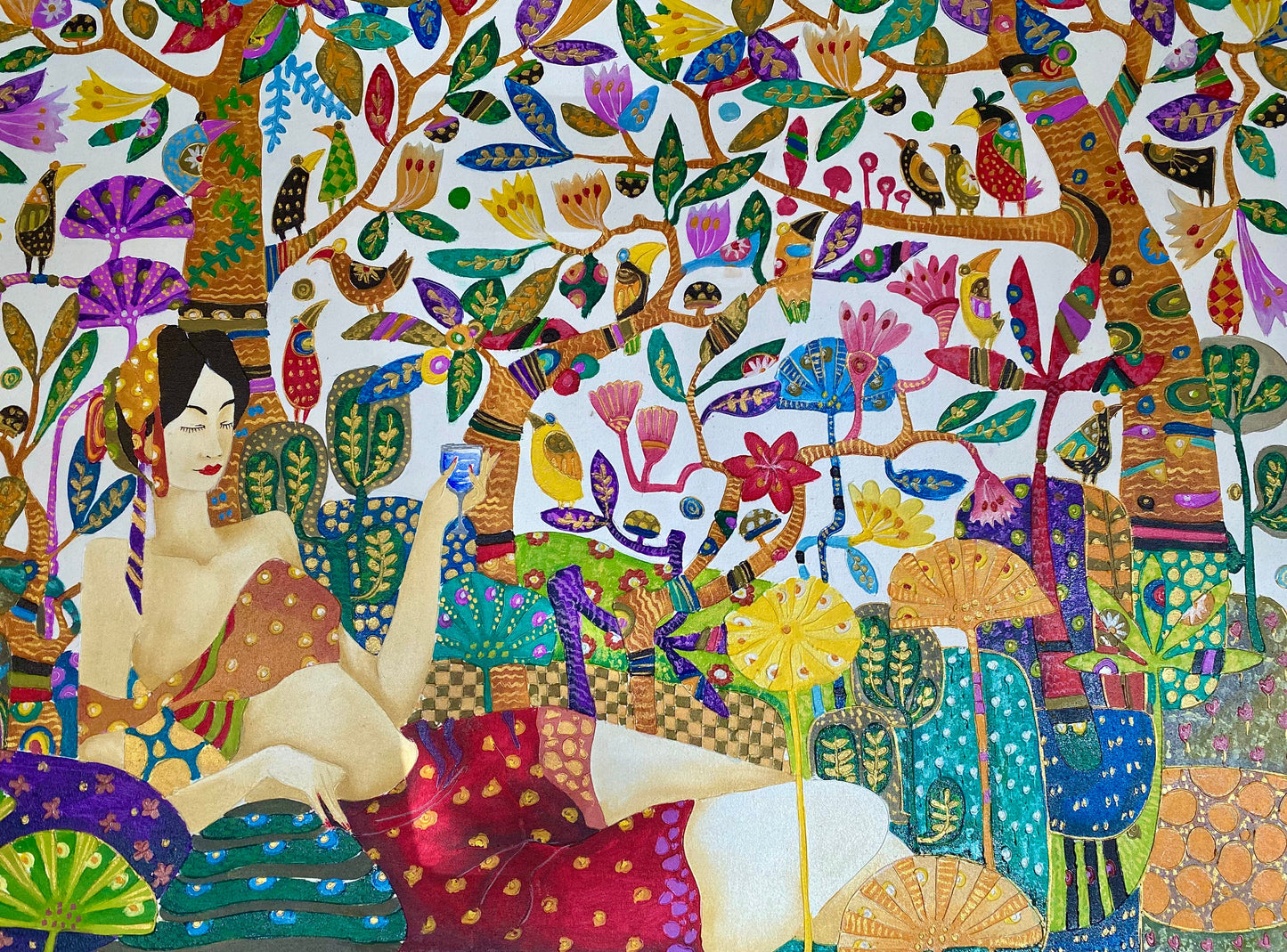Balinese Sisters in the Garden Jungalow Style Wall Art Acrylic on Canvas Painting Klimt Inspired Handmade hand painted OOAK