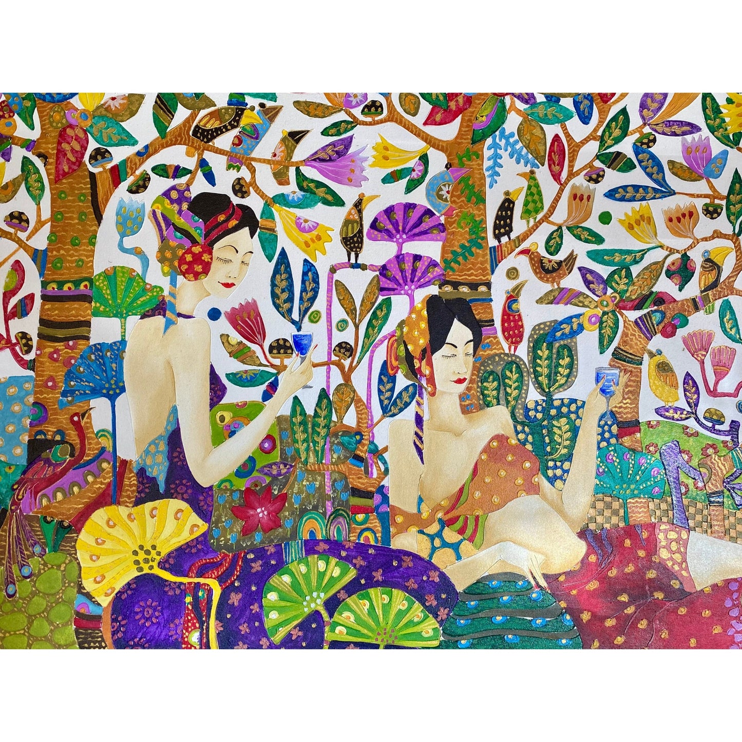 Balinese Sisters in the Garden Jungalow Style Wall Art Acrylic on Canvas Painting Klimt Inspired Handmade hand painted OOAK