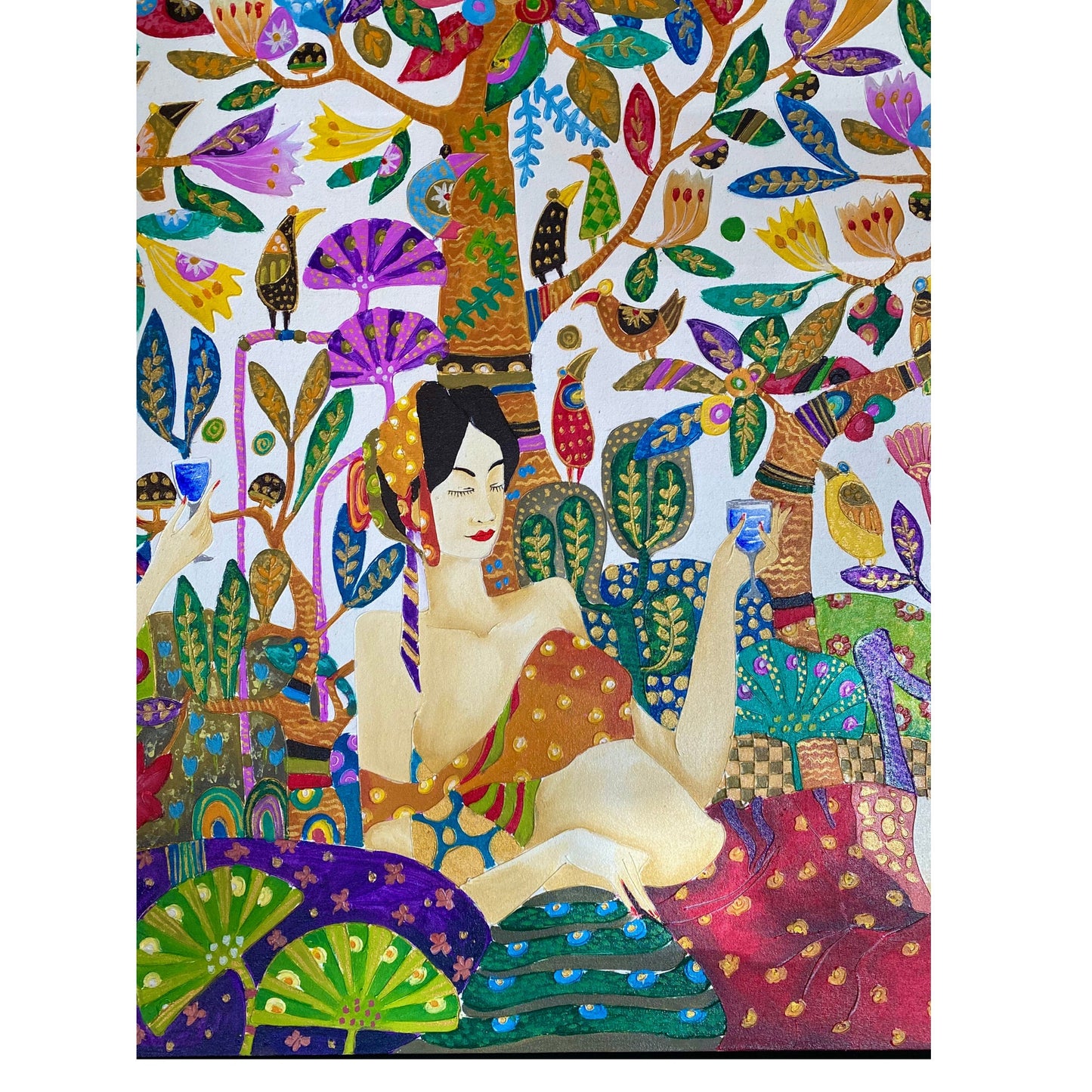 Balinese Original Painting; Two Sisters Canvas Acrylic Canvas , Bali Wall Art,  Klimt Inspired OOAK