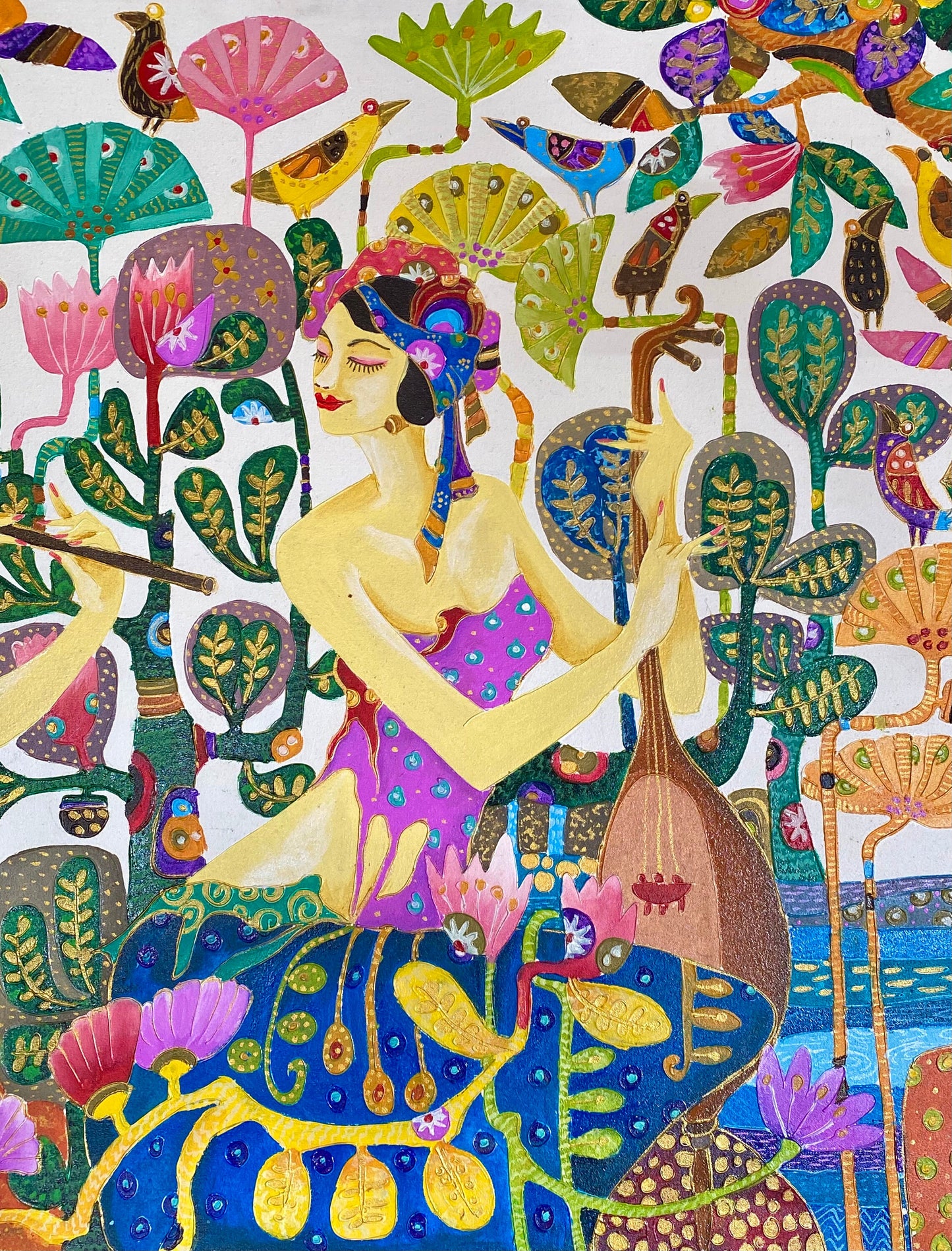 Balinese Original Art Work Painting, Musician Sisters in Lotus Garden,  Acrylic Canvas,  Wall Art