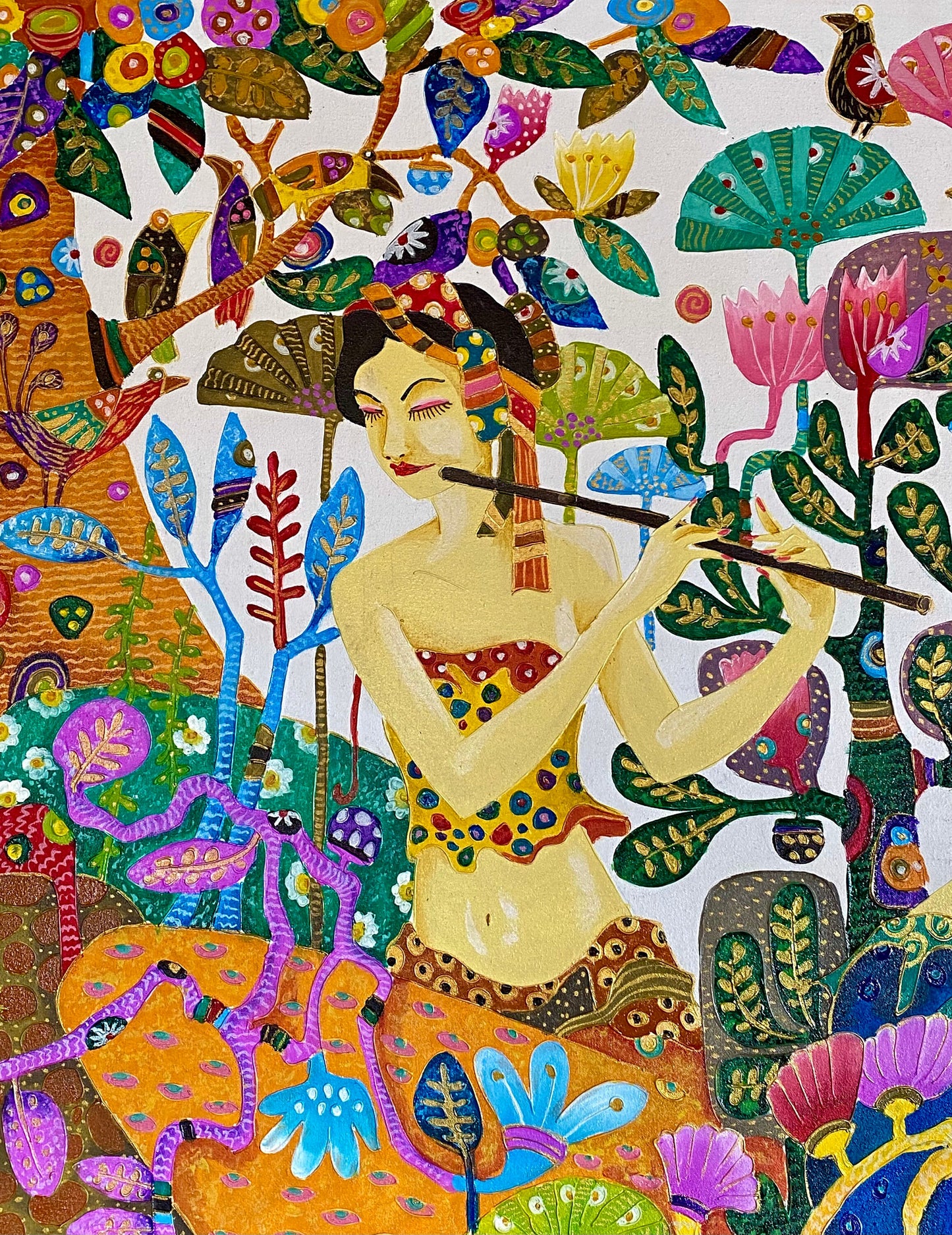 Balinese Original Art Work Painting, Musician Sisters in Lotus Garden,  Acrylic Canvas,  Wall Art