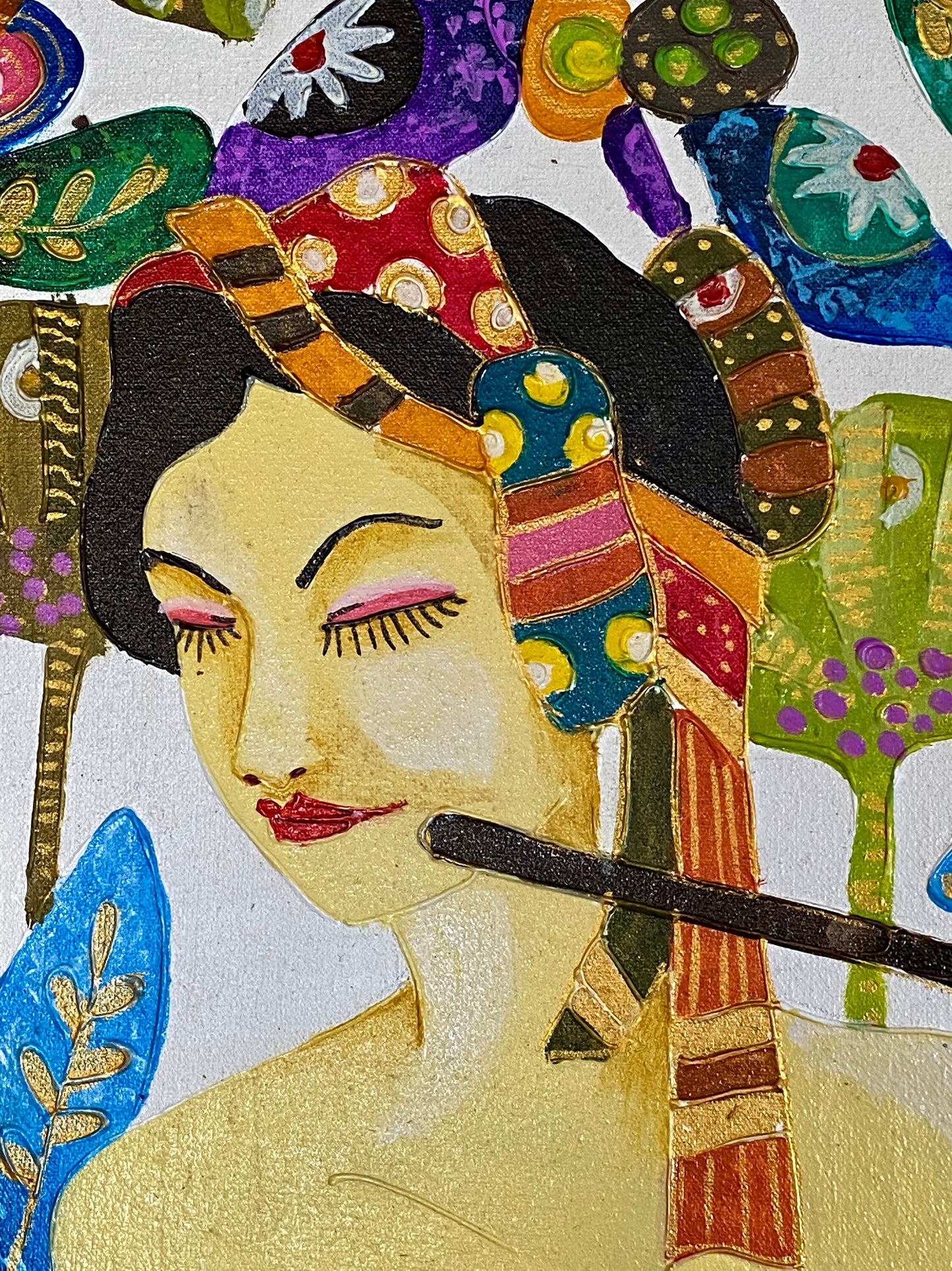 Balinese Original Art Work Painting, Musician Sisters in Lotus Garden,  Acrylic Canvas,  Wall Art
