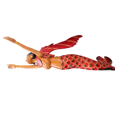 Bali Winged Flying Mermaid Mobile Spiritchaser cradle guardian Carved wood Balinese wood carving art Red 37&quot;