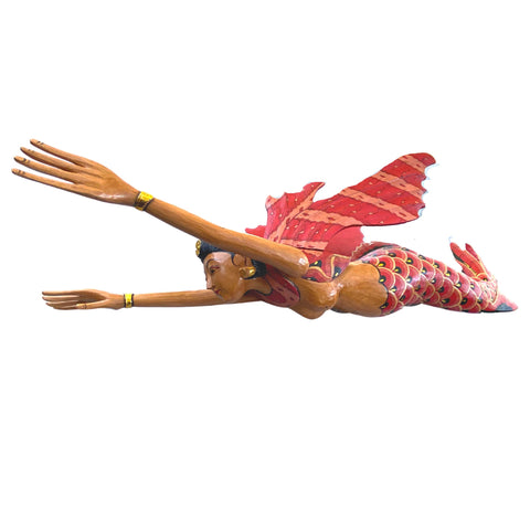 Bali Winged Flying Mermaid Mobile Spiritchaser cradle guardian Carved wood Balinese wood carving art Red 37&quot;