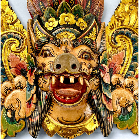 Balinese Barong Mask Bangkal Pig Boar Mask Protector Guardian Polychrome Hand Carved wood Carving Bali Folk Art Wall Decor