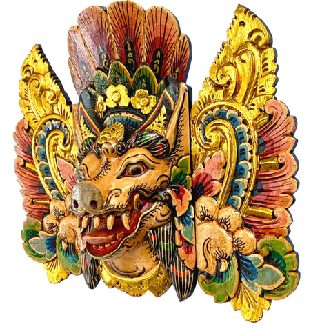 Balinese Barong Mask Bangkal Pig Boar Mask Protector Guardian Polychrome Hand Carved wood Carving Bali Folk Art Wall Decor