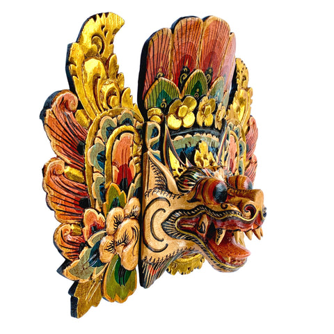 Balinese Barong Singa Lion Mask Protector Guardian Hand Polychrome Carved wood Carving Bali Folk Art Wall Decor Mask