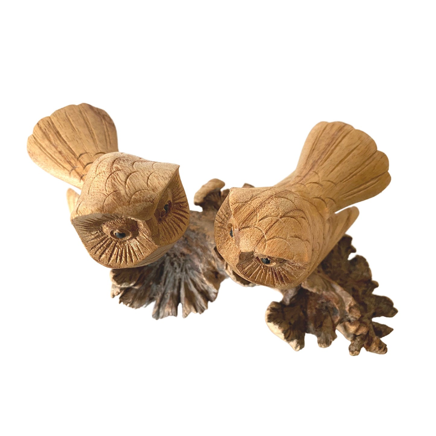 Roosting Owl Pair Bird Sculpture Hand Carved Parasite Mushroom Wood Statue Bali art