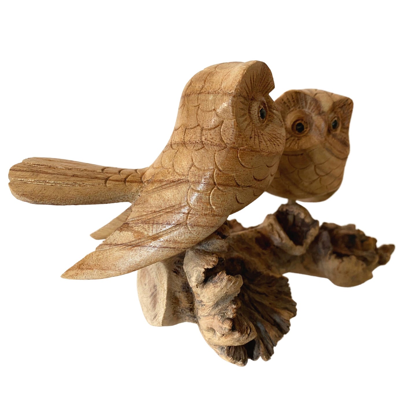 Roosting Owl Pair Bird Sculpture Hand Carved Parasite Mushroom Wood Statue Bali art