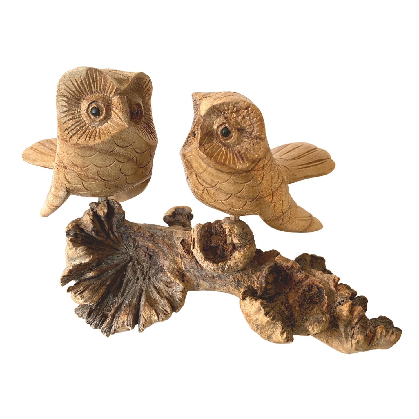 Roosting Owl Pair Bird Sculpture Hand Carved Parasite Mushroom Wood Statue Bali art